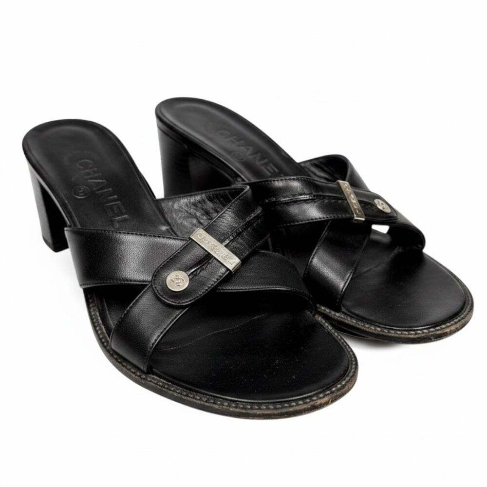 Vintage Chanel Black Leather Crossover Strap Mule Sandals Women EU 37.5 US 7/7.5